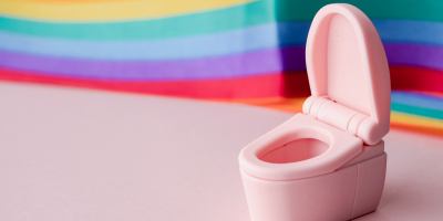 Roze toilet en regenboogvlag